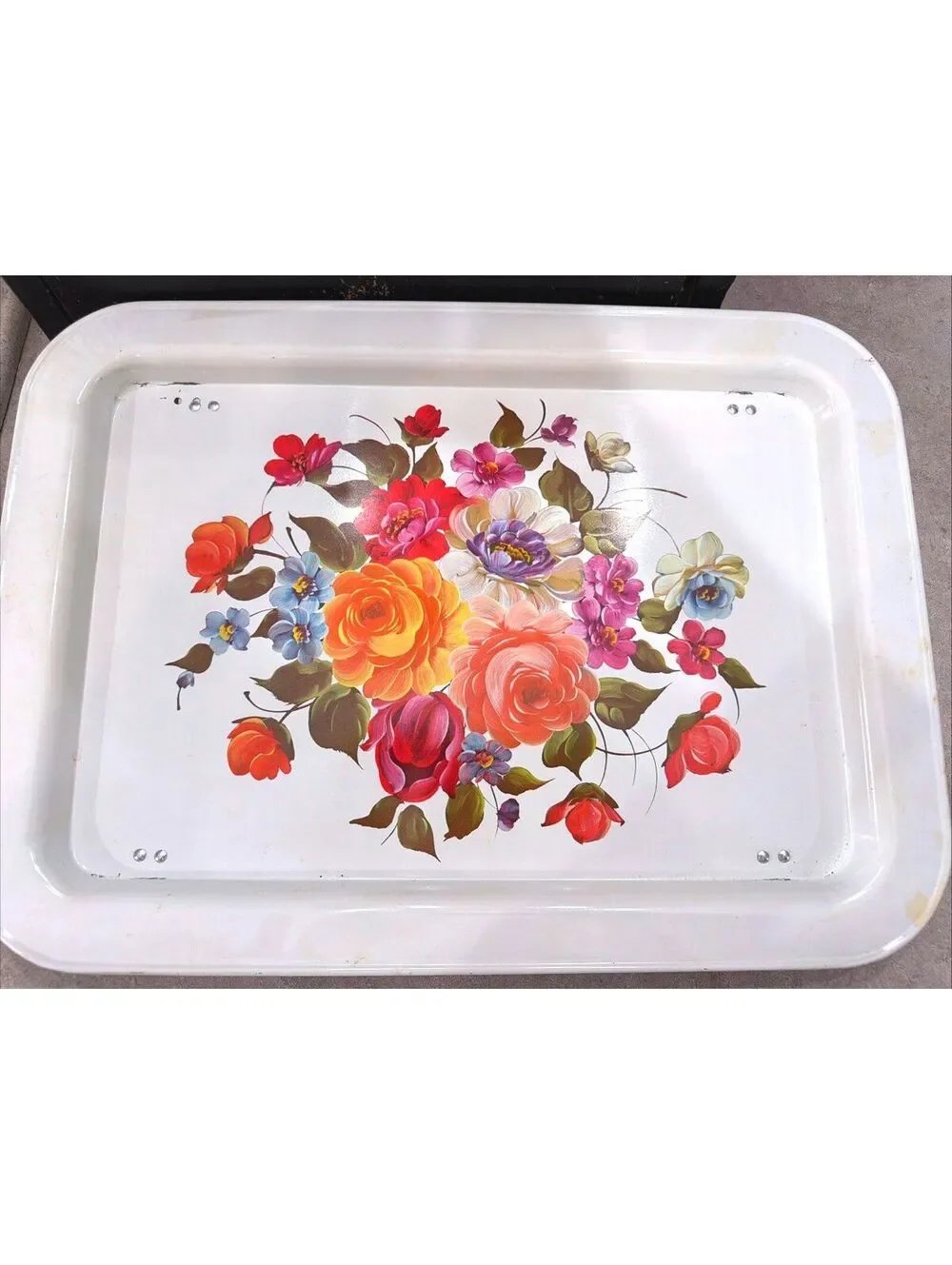 2 VTG TV Lap  Tray Breakfast Bed Folding Legs Roses Floral MCM Shabby Chic